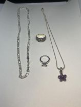 FOUR SILVER ITEMS TO INCLUDE TWO NECKLACES AND TWO RINGS