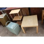 A LLOYD LOOM BOX STOOL, LAMP TABLE AND 3 TIER OPEN DISPLAY UNIT