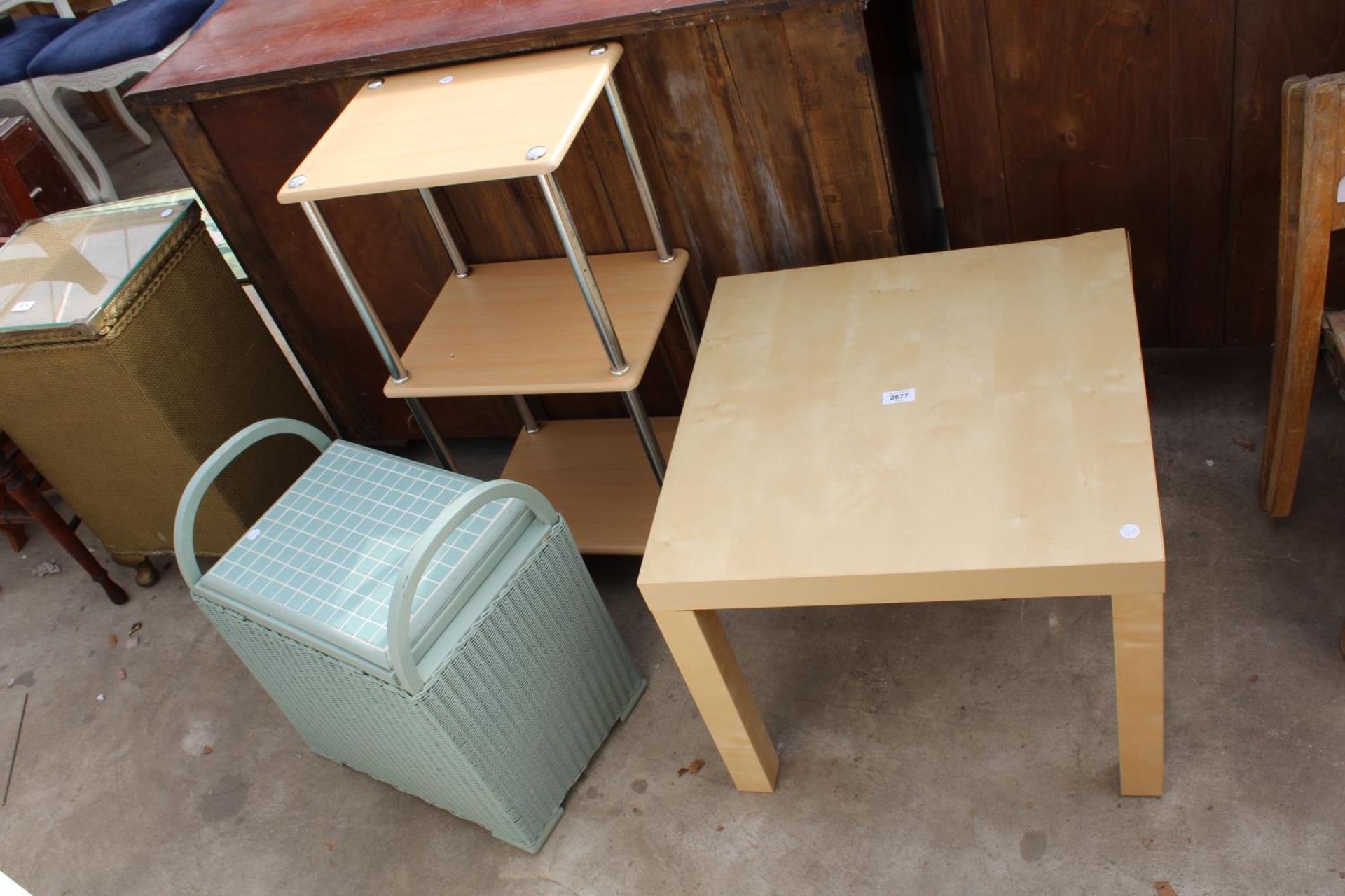 A LLOYD LOOM BOX STOOL, LAMP TABLE AND 3 TIER OPEN DISPLAY UNIT