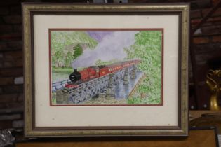 A 1949 WATERCOLOUR, 'RIVER CROSSING BY STEAM', SIGNED K M ARTHUR, 44CM X 36CM