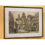 A FRAMED PRINT OF A WATERCOLOUR OF ROTHENBURG OB DER TAUBER BY WILLI FOERSTER