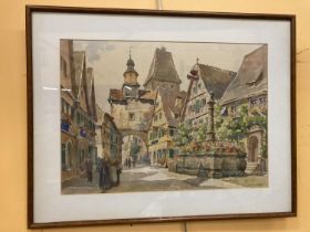 A FRAMED PRINT OF A WATERCOLOUR OF ROTHENBURG OB DER TAUBER BY WILLI FOERSTER