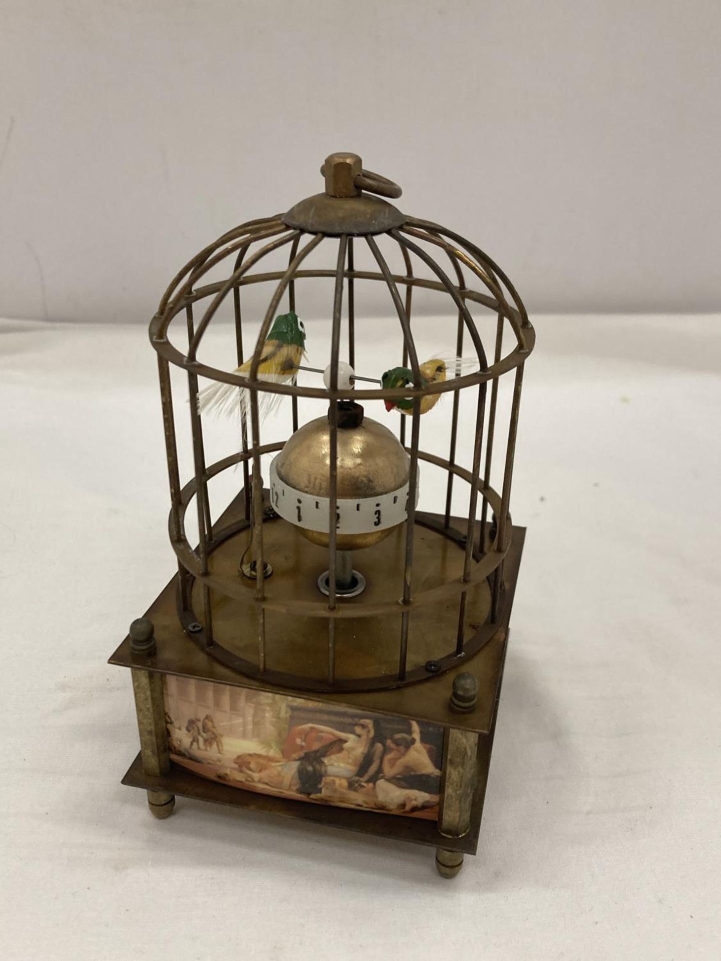 A BRASS MECHANICAL BIRD CAGE CLOCK SEEN WORKING BUT NO WARRANTY - Image 4 of 4