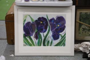 A LIMITED EDITION 29/150, MODERN FLORAL PRINT WITH OVERLAID ACRYLIC ACCENTS, SIGNED PENELOPE, 82CM X