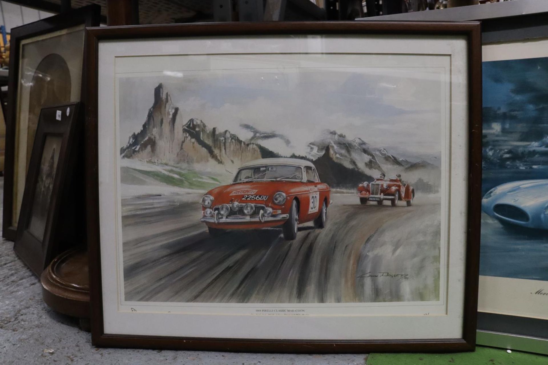 THREE FRAMED PRINTS OF CLASSIC RACING CARS, TO INCLUDE MGA 2 SEATER, 1989 PIRELLI CLASSIC MARATHON - Image 3 of 4