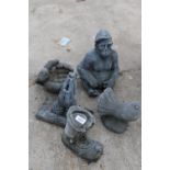FIVE CONCRETE GARDEN FIGURES TO INCLUDE A GORILLA AND A PIGEON