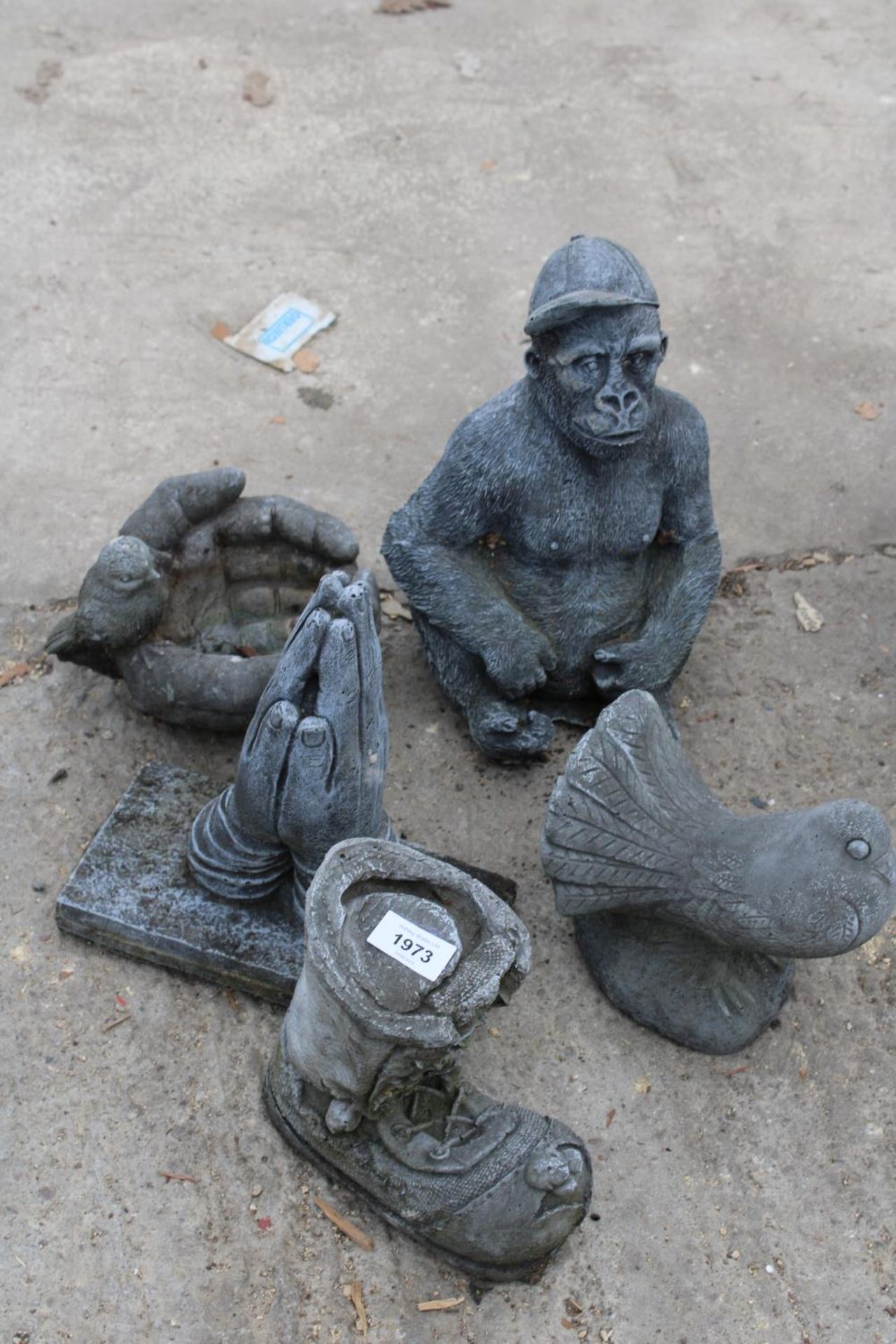 FIVE CONCRETE GARDEN FIGURES TO INCLUDE A GORILLA AND A PIGEON