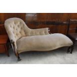 A VICTORIAN MAHOGANY CHAISE LONGUE WITH SCROLL ARM AND LEGS