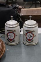 A PAIR OF STONEWARE PEWTER LIDDED MILITARY STEINS - 14 FIELD SURVEY SQUADRON RE