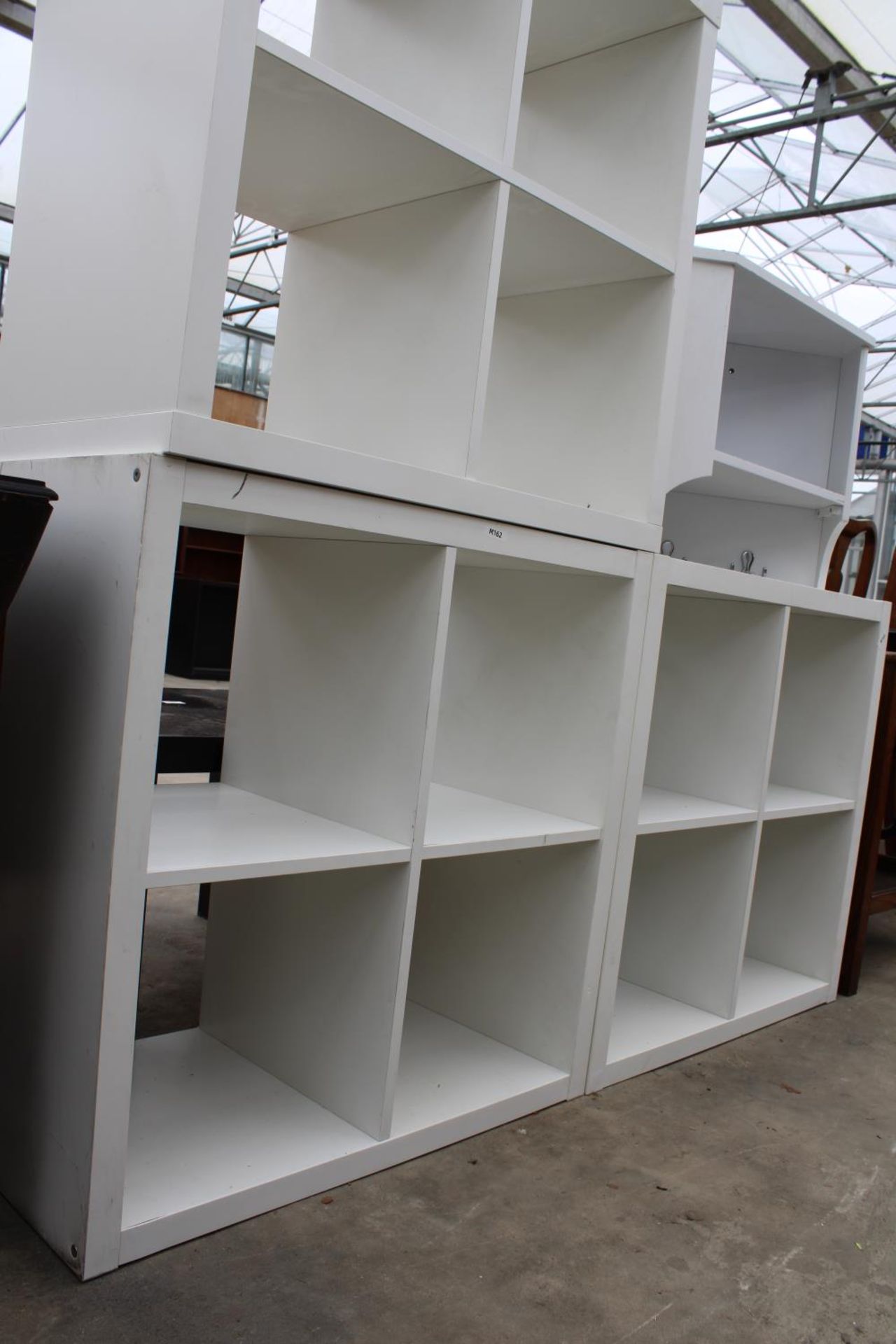 THREE SETS OF WHITE OPEN DISPLAY SHELVES AND A HANGING CORNER UNIT WITH COAT HOOKS - Image 2 of 2