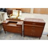 A RETRO LEBUS OAK CHEST OF FOUR DRAWERS, 31" WIDE, AND MATCHING DRESSING CHEST, 37" WIDE