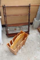 A VICTORIAN MAHOGANY FOUR TIER WATERFALL WALL SHELVES WITH TURNED UPRIGHTS, 24" WIDE AND A MODERN