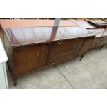 A MAHOGANY STRONGBOW FURNITURE SIDEBOARD ENCLOSING FOUR DRAWERS AND TWO CUPBOARDS, 72" WIDE