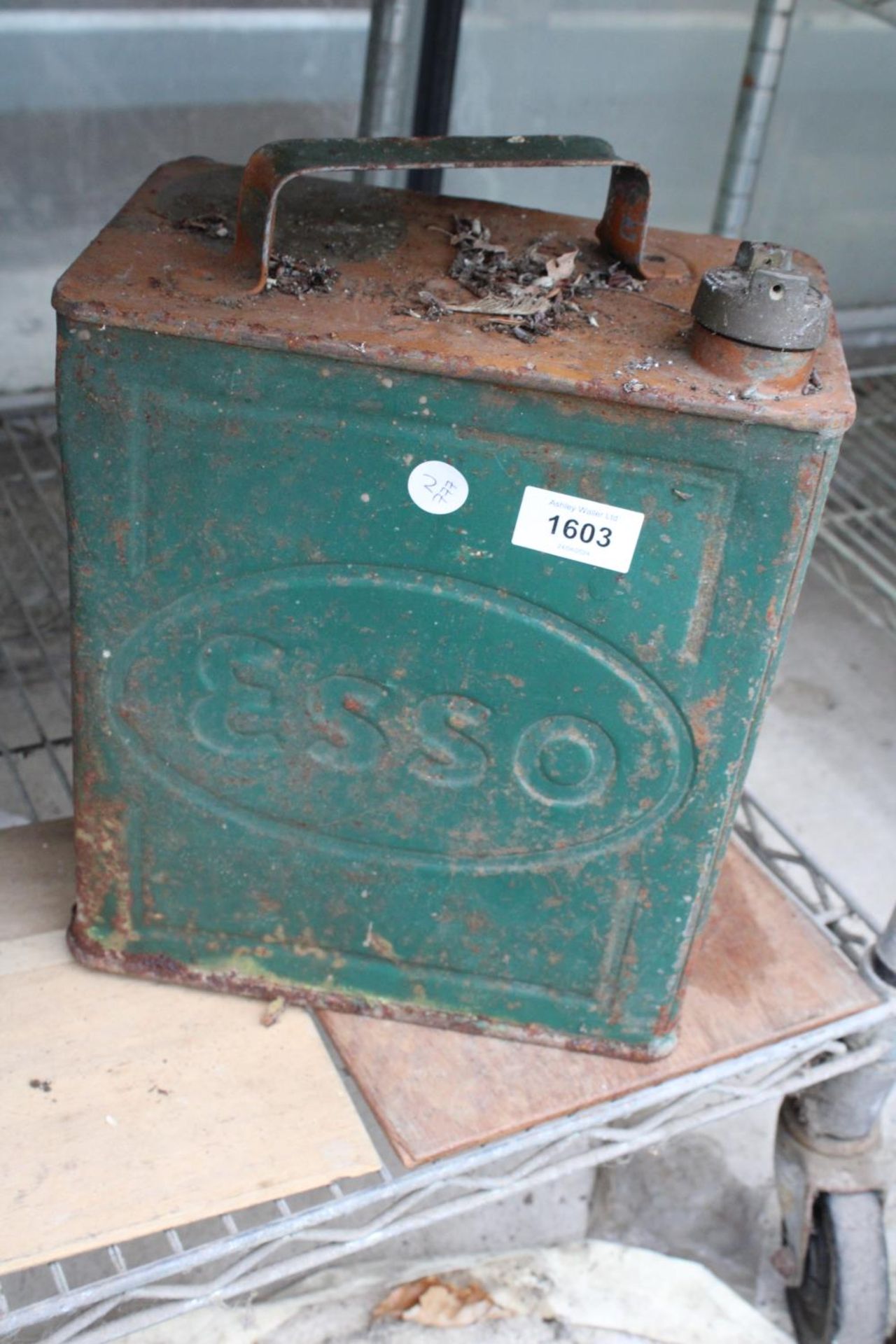 A VINTAGE ESSO PETROL CAN COMPLETE WITH BRASS ESSO CAP
