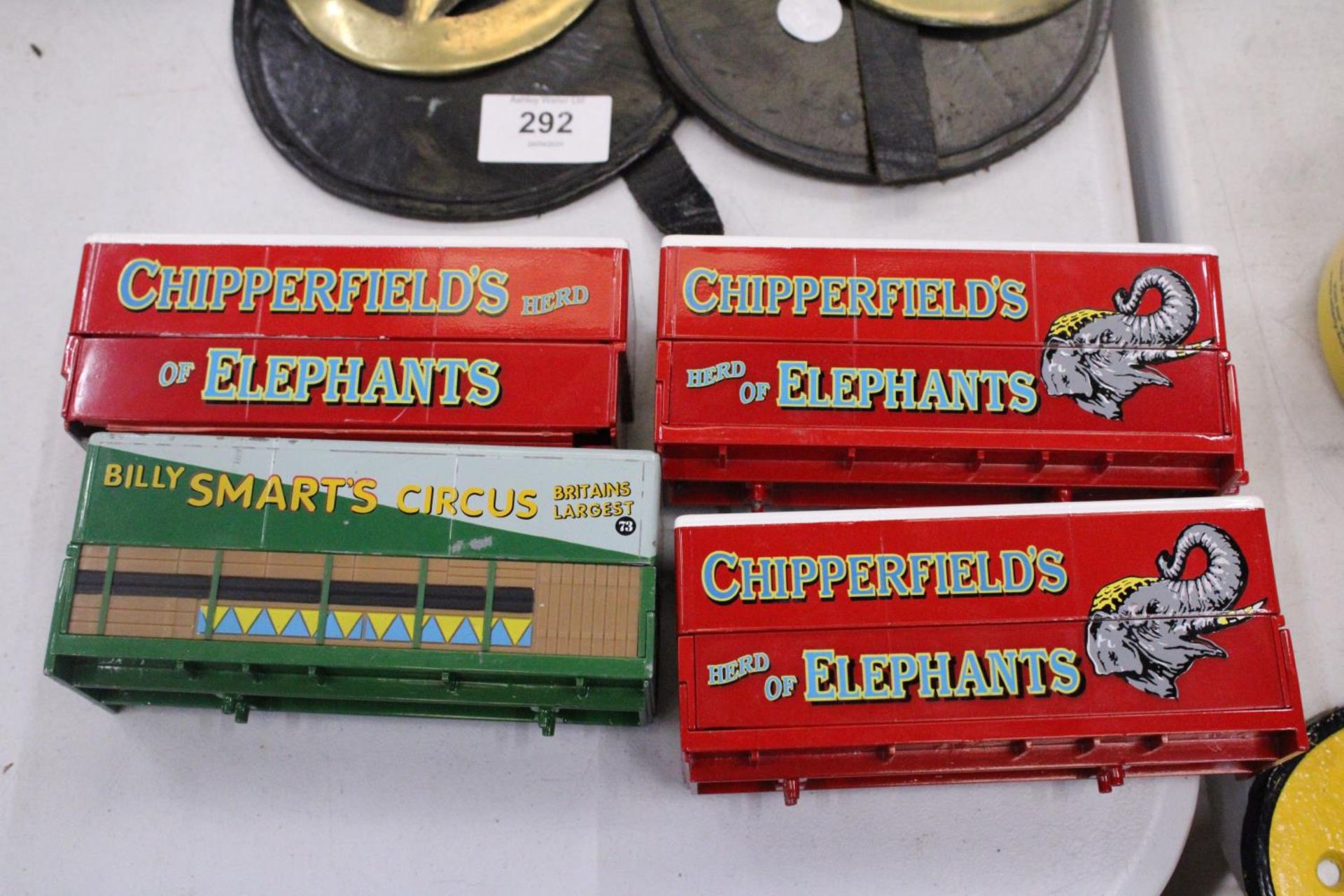 FOUR TOY METAL BILLY SMARTS AND CHIPPERFIELDS CIRCUS CONTAINERS
