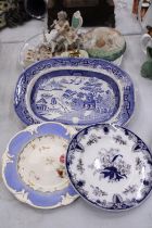 TWO VINTAGE BLUE AND WHITE PLATTERS, CABINET PLATES, AN ONYX TABLE LIGHTER, TRINKET BOX AND FIGURINE