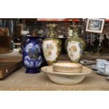 TWO PAIRS OF VICTORIAN VASES ( ONE A/F ), PLUS ONE LARGE AND SIX SMALLER CROWN DEVON FEILDINGS BOWLS