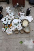 AN ASSORTMENT OF CERAMICS, GLASSWARE AND SILVER PLATE ITEMS TO INCLUDE CUPS AND SAUCERS, WINE