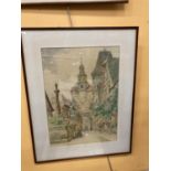 A FRAMED PRINT OF A WATERCOLOUR OF ROTHENBURG OB DER TAUBER BY WILLI FOERSTER