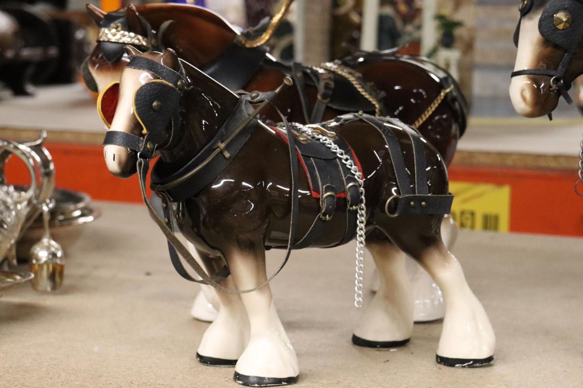 THREE LARGE CERAMIC SHIRE HORSE FIGURES WITH HARNESSES - Image 2 of 6