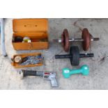 AN ASSORTMENT OF ITEMS TO INCLUDE WEIGHTS AND A RAPID HAMMER DRILL ETC