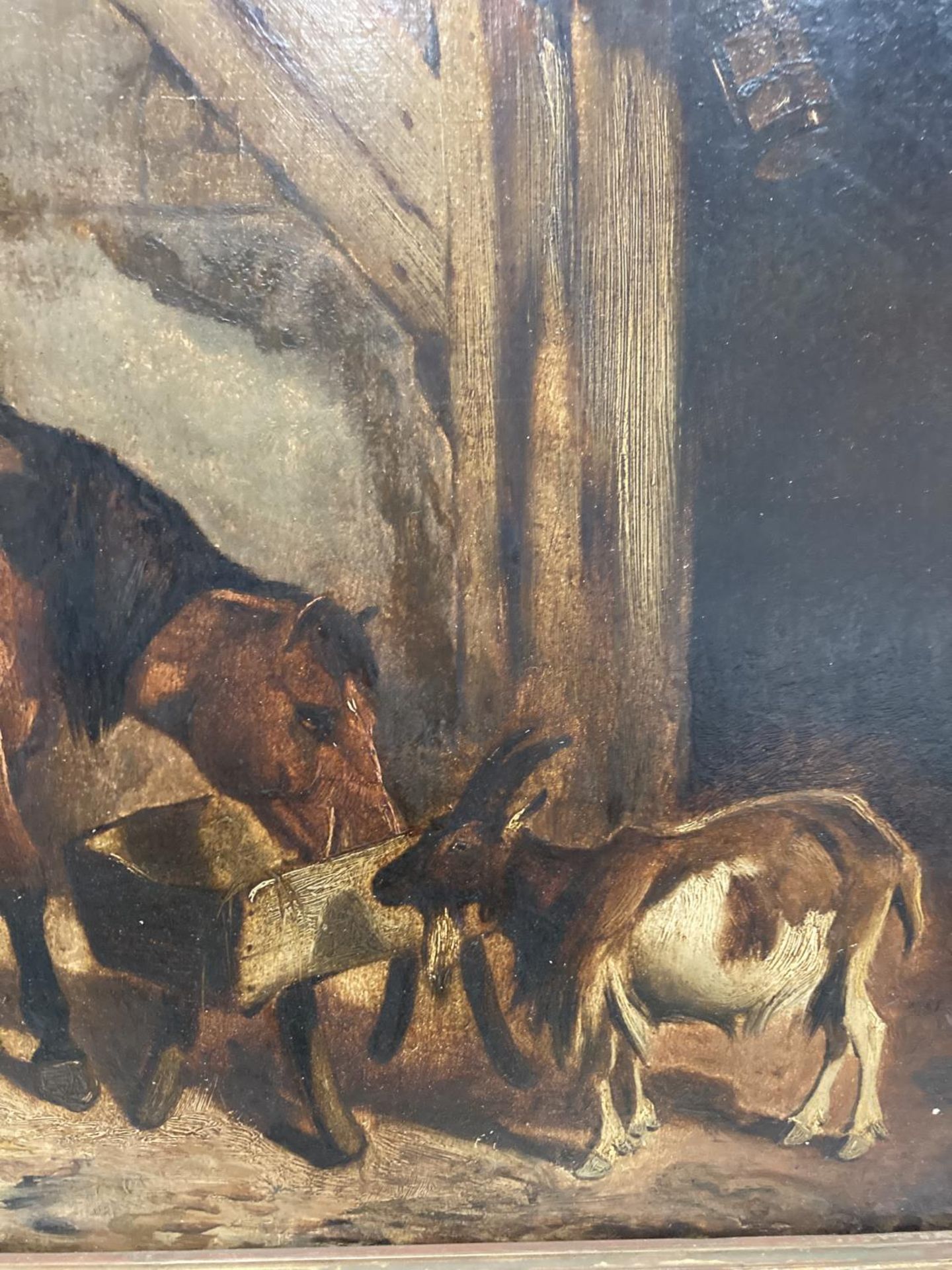 A GILT FRAMED OIL ON BOARD OF A HORSE IN A STABLE WITH TWO GOATS 11" X 15.5" - Image 4 of 4