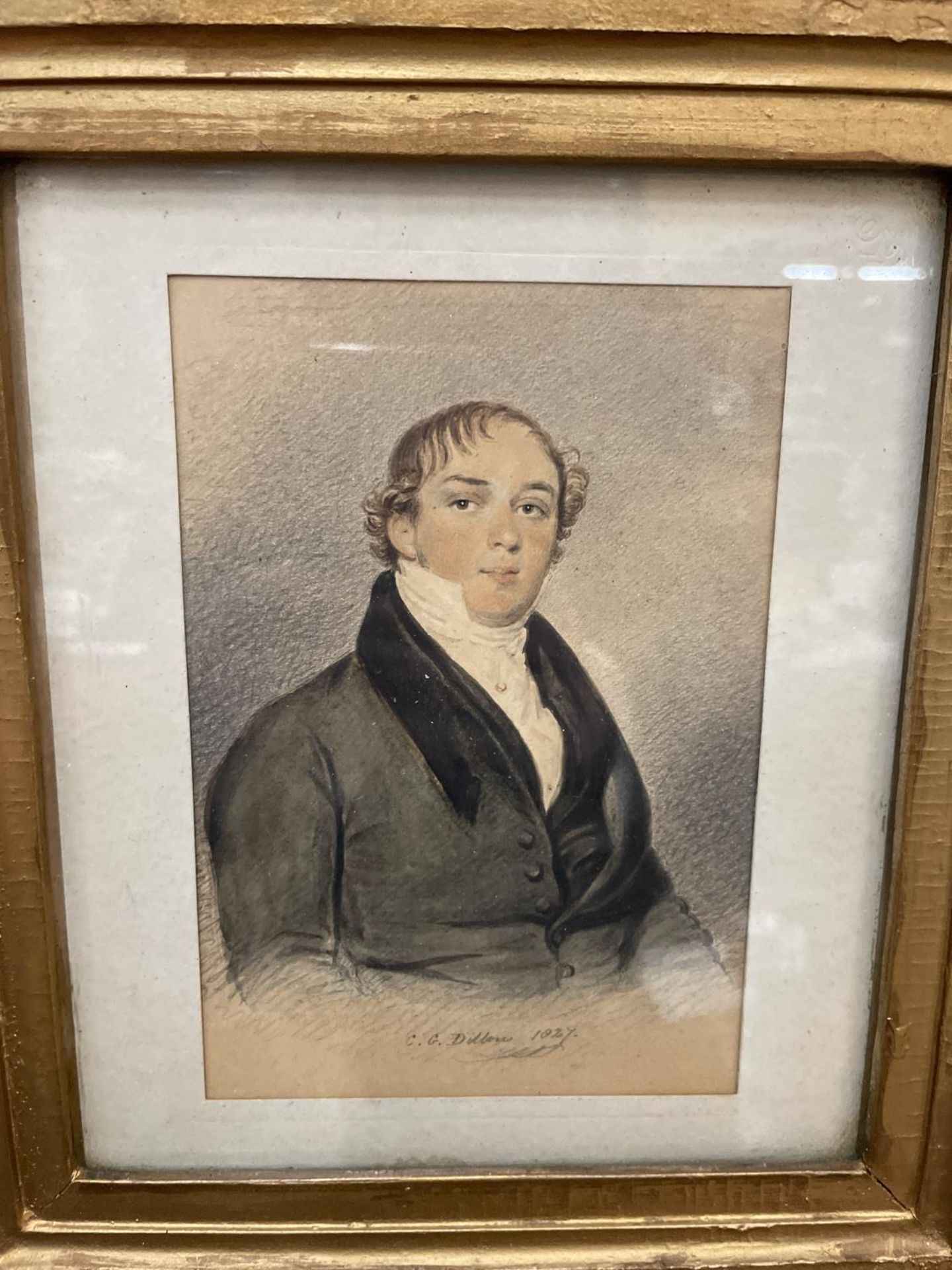 A GILT FRAMED PRINT OF A YOUNG GENTLEMAN IN WATERCOLOUR BY C.G.DILLON 1827, 7.5" X 6" - Image 2 of 3