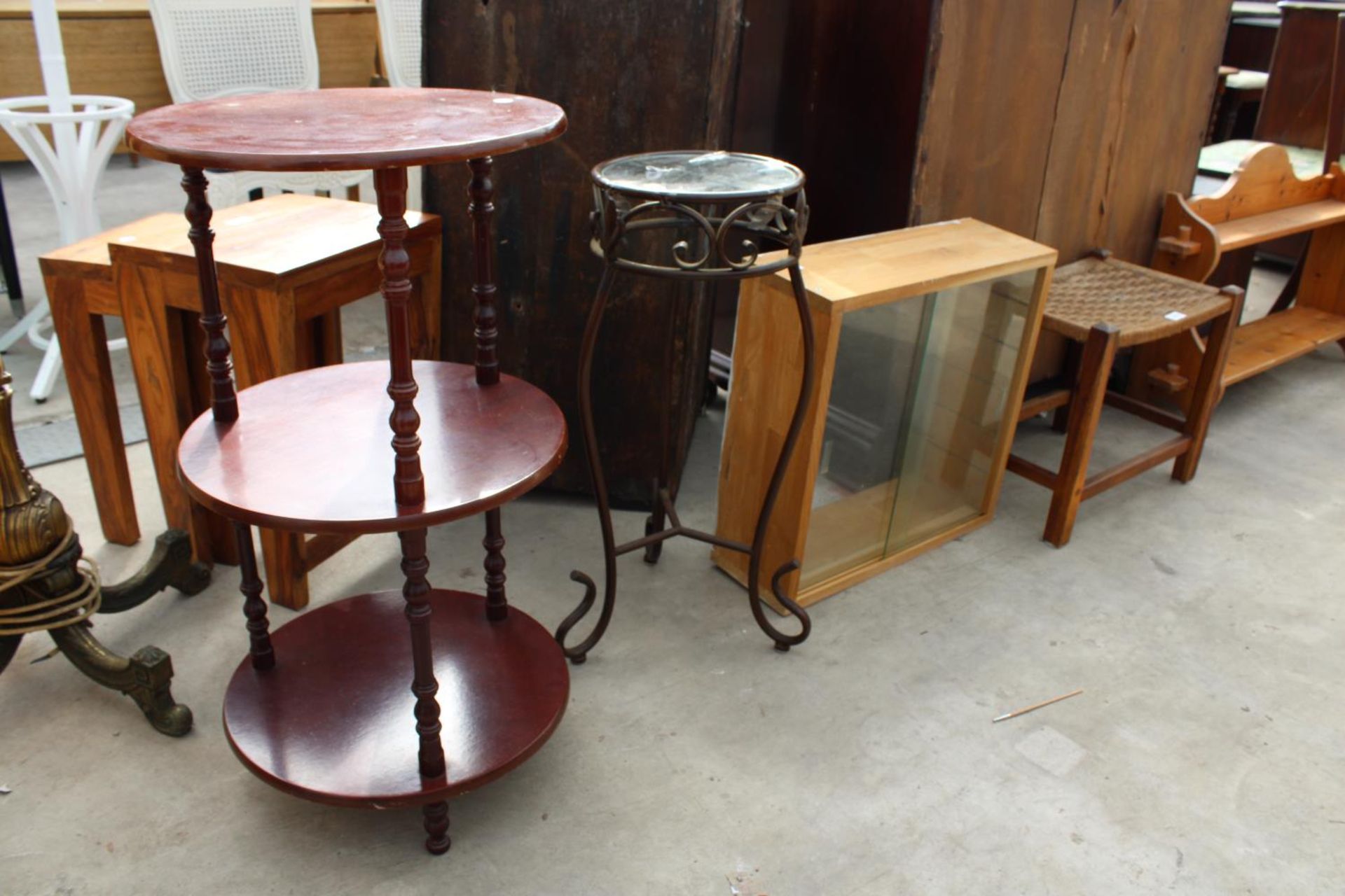 AN OAK STOOL, METAL PLANT STAND, 2 DOOR WALL CABINET AND 3 TIER WHATNOT - Image 2 of 2