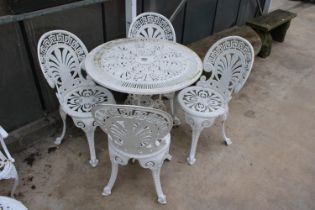 A VINTAGE CAST ALLOY BISTRO SET COMPRISING OF A ROUND TABLE AND FOUR CHAIRS