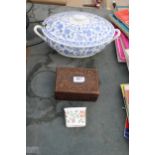 THREE ITEMS TO INCLUDE TWO PIECES OF MINTON AND A HAND CARVED HARDWOOD JEWELLERY BOX