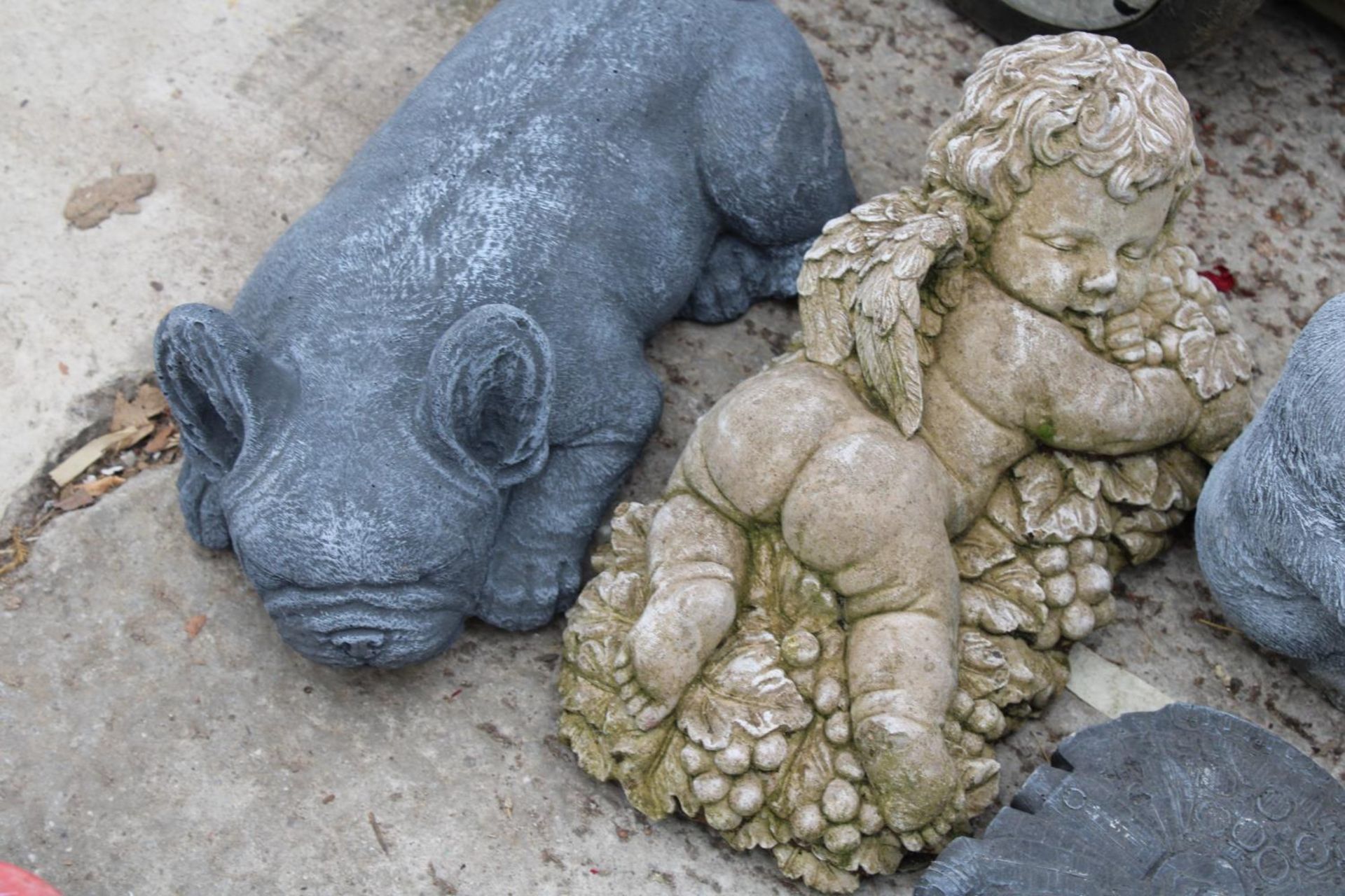 FIVE CONCRETE GARDEN FIGURES TO INCLUDE A CHERUB AND RABBITS ETC - Image 2 of 2