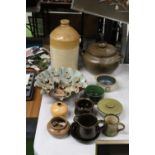 A MIXED LOT TO INCLUDE A STONEWARE FLAGON - MARKED D JONES AND CO WHOLESALE GROCERS LIVERPOOL,
