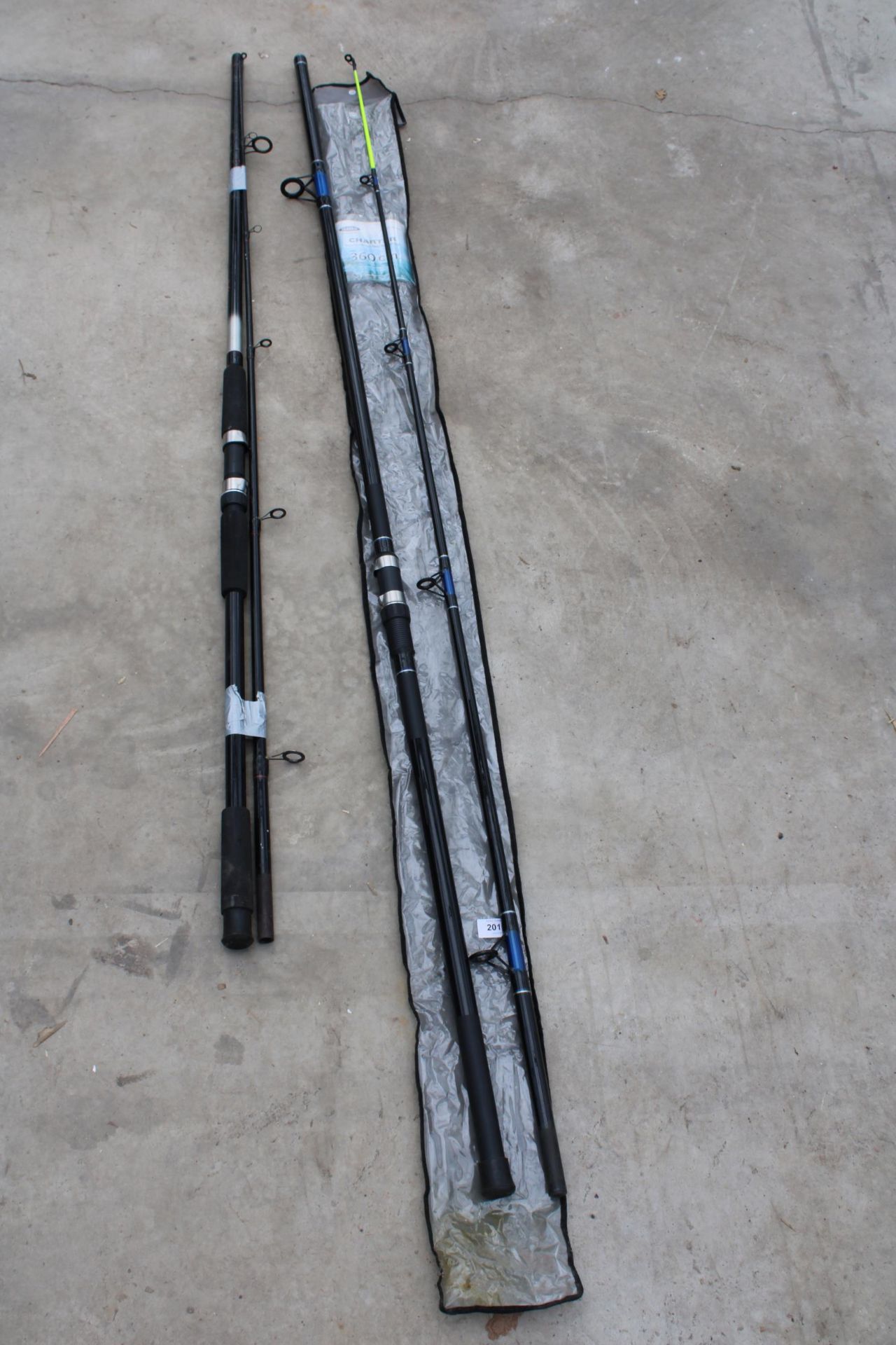 TWO FIBREGLASS BEACHCASTER RODS TO INCLUDE A RED WOLF AND A FLADEN