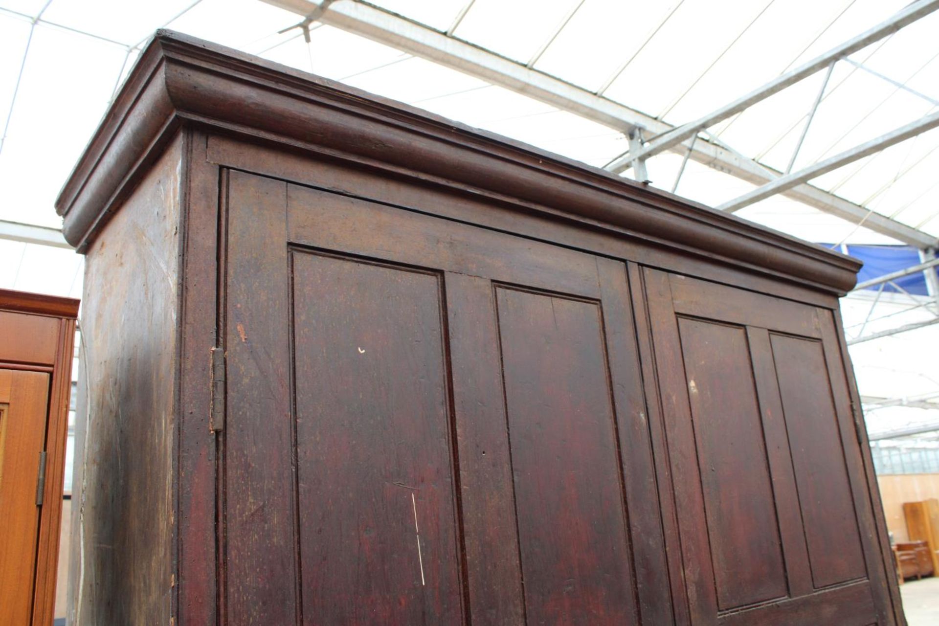 A VICTORIAN PINE PANELLED TWO DOOR STORAGE CUPBOARD ON CABRIOLE LEGS, 59" WIDE, 18.5" DEEP AND 85.5" - Image 2 of 5