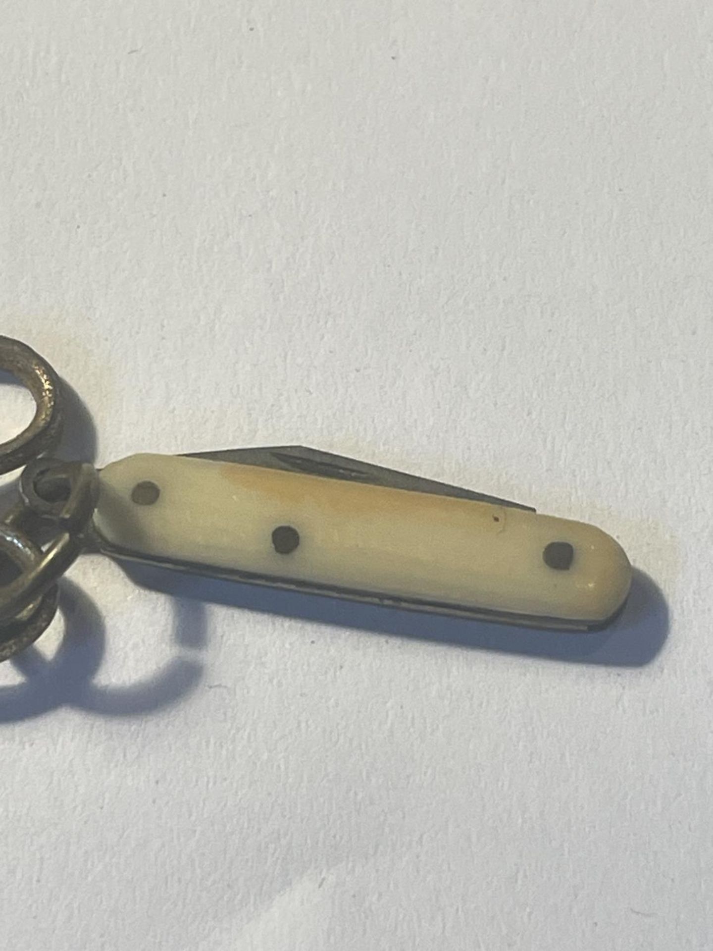 AN ANTIQUE PAIR OF MINIATURE SCISSORS IN A STORK DESIGN AND PEN KNIFE WITH A BROWN CASE LABELLED - Image 3 of 4