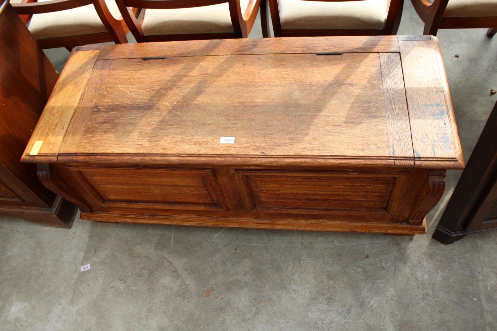 A MID 20TH CENTURY OAK LINEN CHEST WITH 2 PANEL FRONT, 48" WIDE