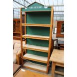 A MODERN PINE FIVE TIER OPEN DISPLAY STAND BEARING PORTMEIRION LOGO TO TOP PANEL, 39.5" WIDE