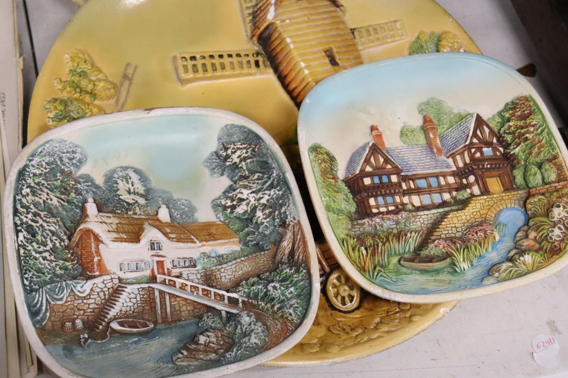 FIVE VINTAGE 3-D WALL PLAQUES TO INCLUDE COTTAGES, ETC - Image 4 of 5