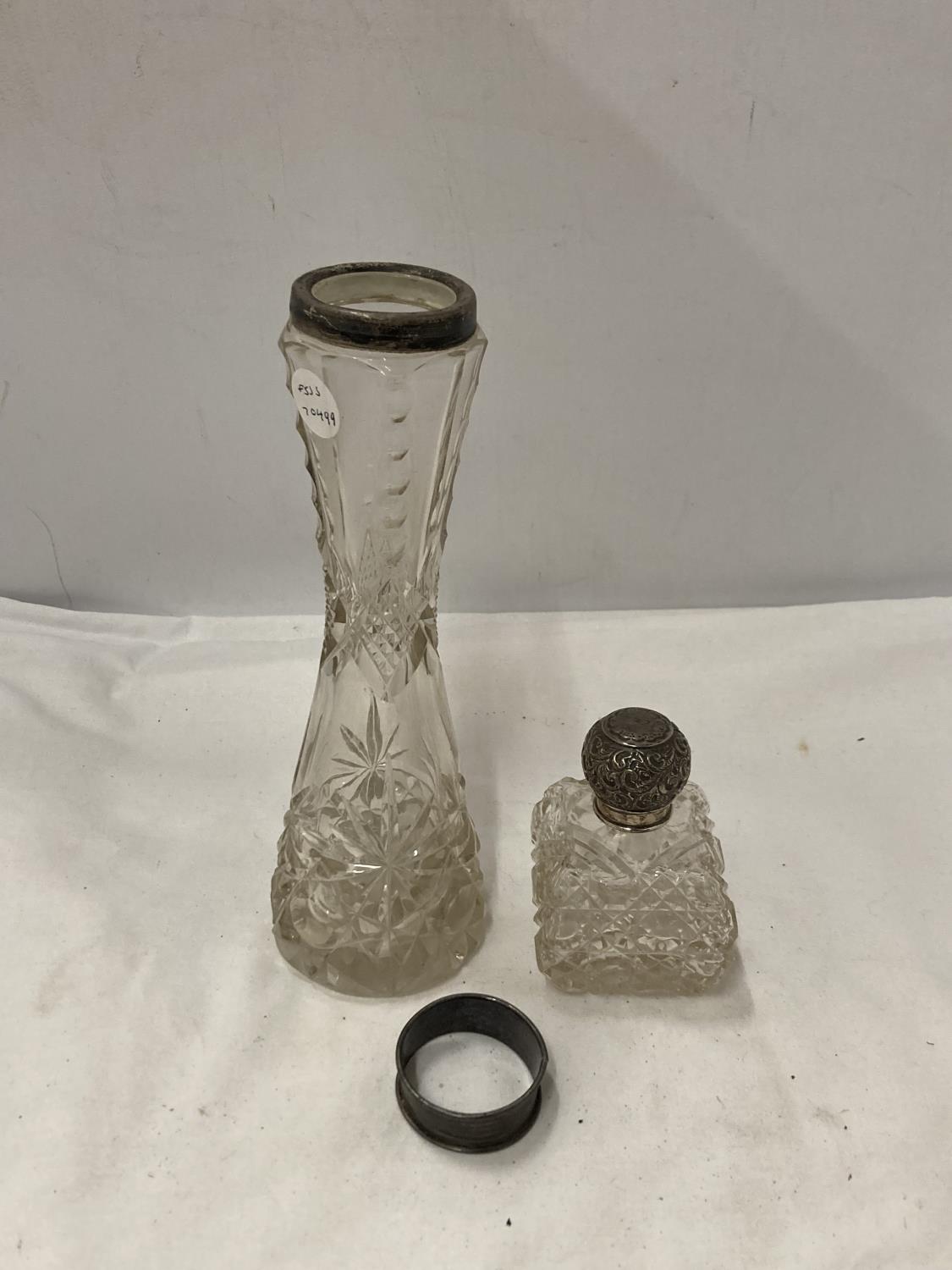 THREE SILVER ITEMS TO INCLUDE A CUT GLASS VASE WITH SILVER RIM, A BIRMINGHAM HALLMARKED SILVER