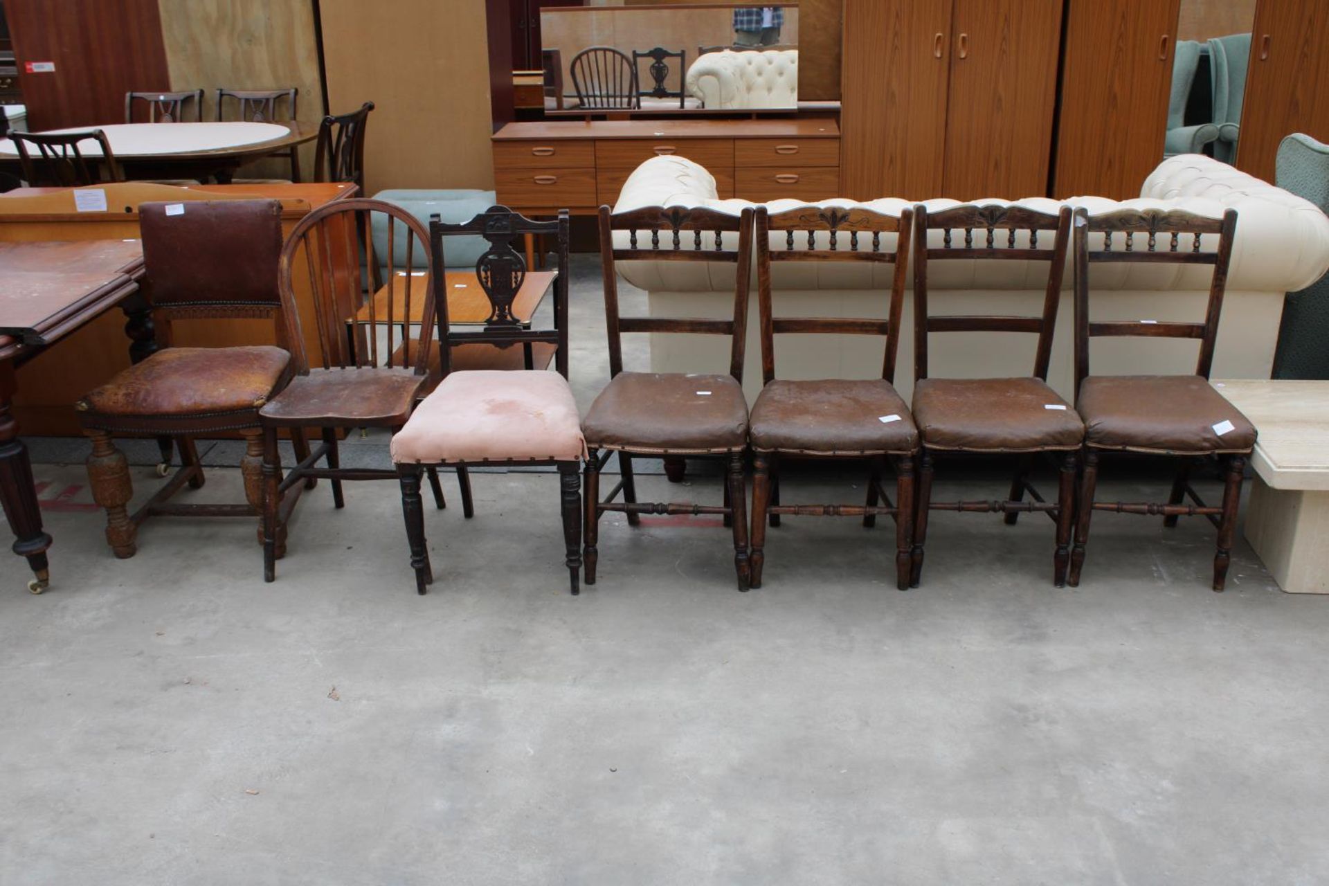 FOUR EDWARDIAN BEECH BEDROOM CHAIRS, A SINGLE BEDROOM CHAIR, AN EARLY 20TH CENTURY OAK DINING CHAIR,