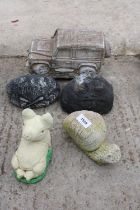 FIVE CONCRETE GARDEN FIGURES TO INCLUDE A JEEP AND A PIG ETC