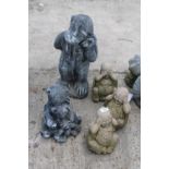 FIVE CONCRETE GARDEN FIGURES TO INCLUDE BUDDHAS AND A MONKEY ETC