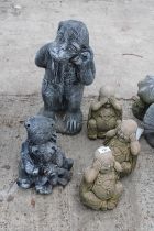 FIVE CONCRETE GARDEN FIGURES TO INCLUDE BUDDHAS AND A MONKEY ETC