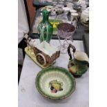 A VINTAGE GREEN MARY GREGORY JUG - A/F, A PIECE OF ART GLASS, CERAMIC DONKEY AND CART PLUS A FRUIT