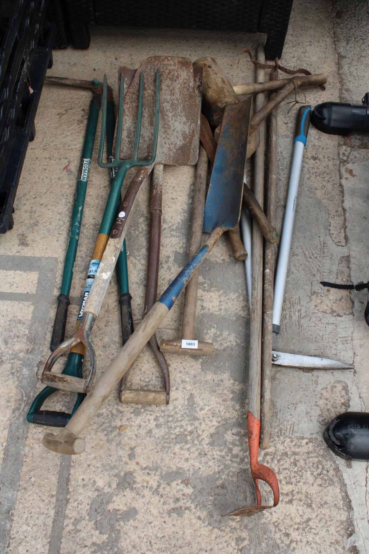 AN ASSORTMENT OF VARIOUS GARDEN TOOLS TO INCLUDE A FORK, A SHOVEL AND A DITCHING SPADE ETC