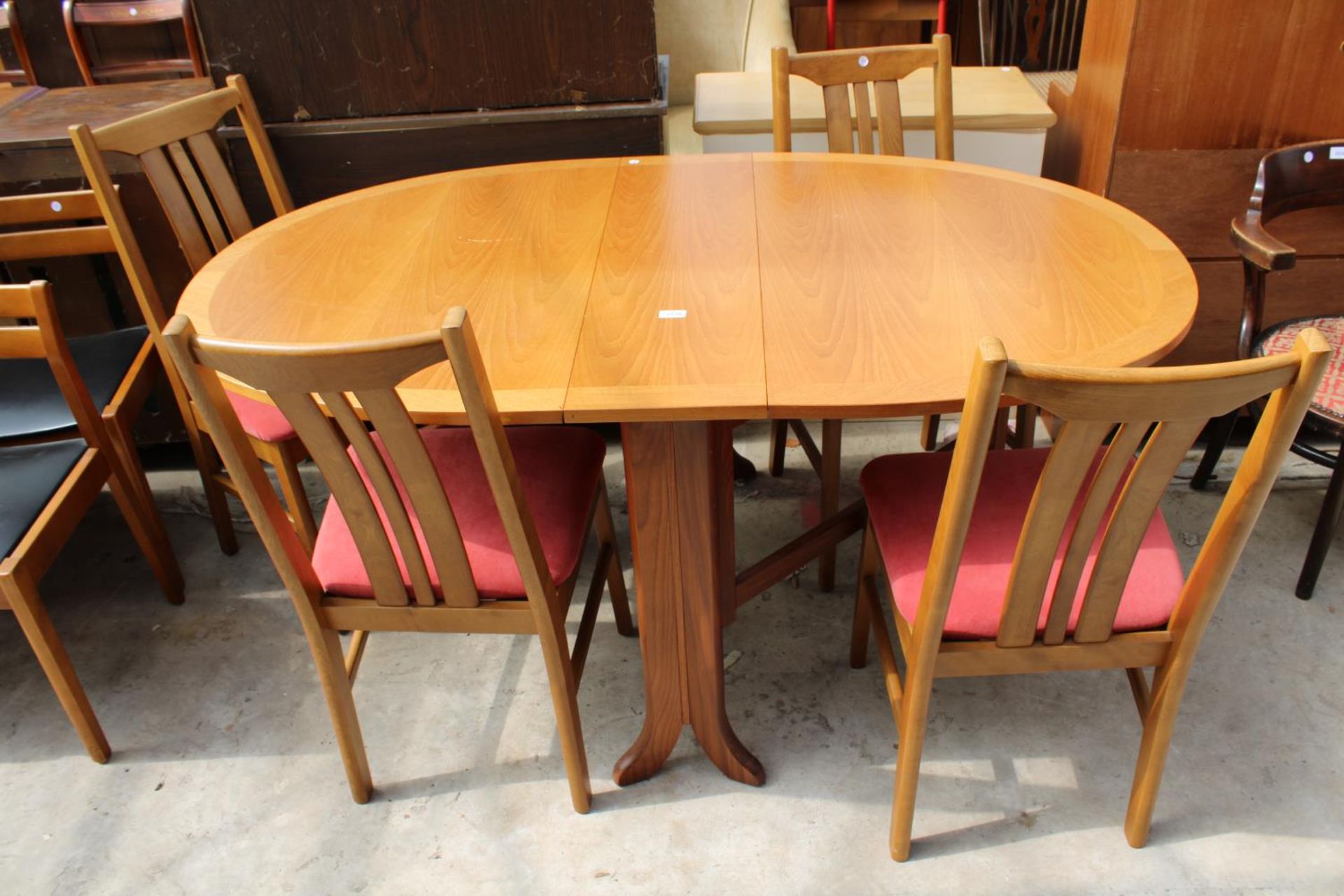 A RETRO TEAK GATE-LEG DINING TABLE AND 4 CHAIRS, 63" X 36" OPENED