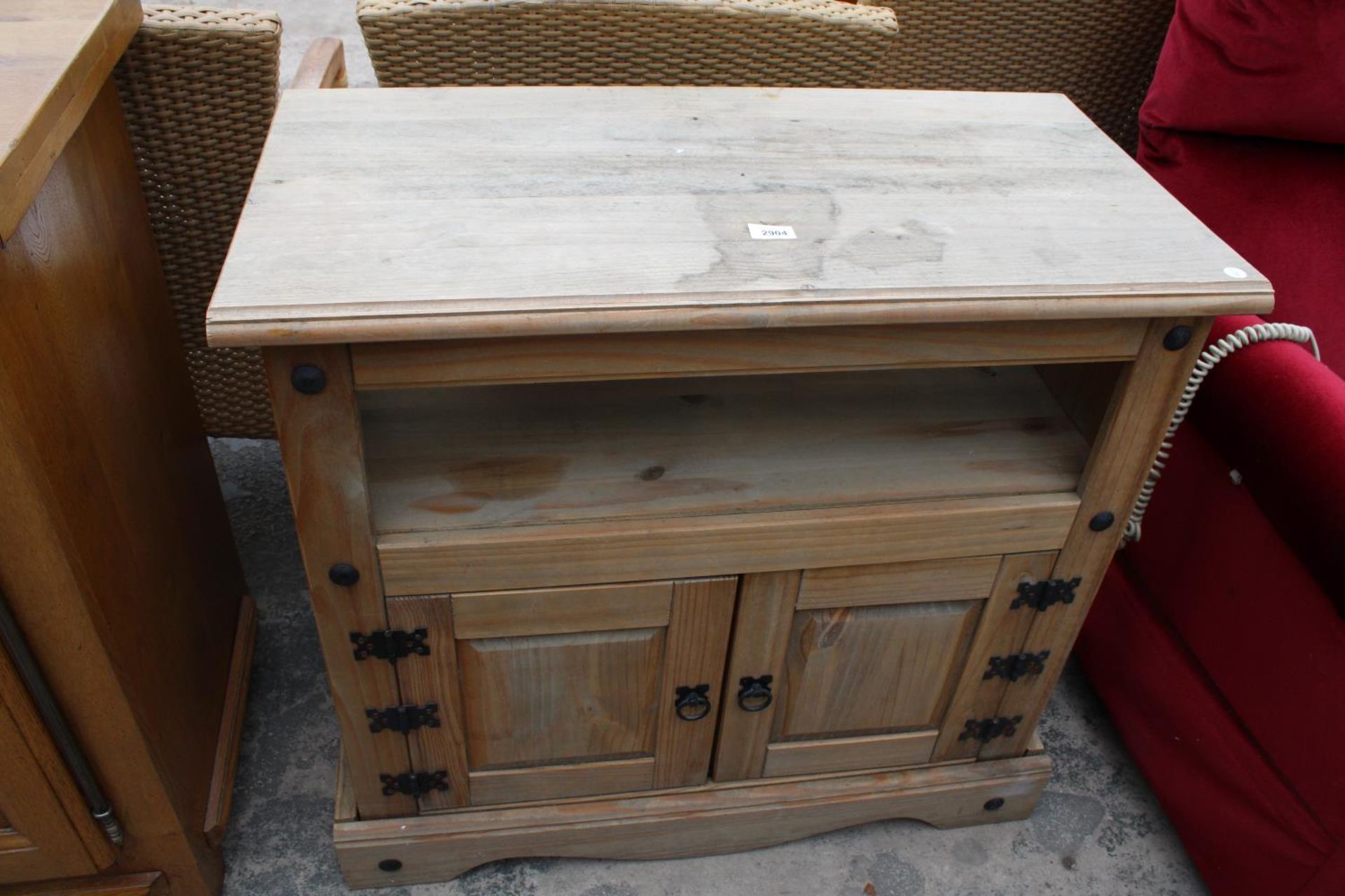 A MODERN MEXICAN PINE SIDE CABINET WITH CUPBOARD WITH OPEN SHELF, 33.5" WIDE