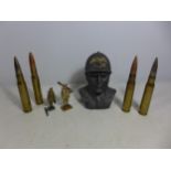 FOUR INERT CANNON SHELLS, TWO MODEL SOLDIERS AND A BUST OF AN ITALIAN SOLDIER