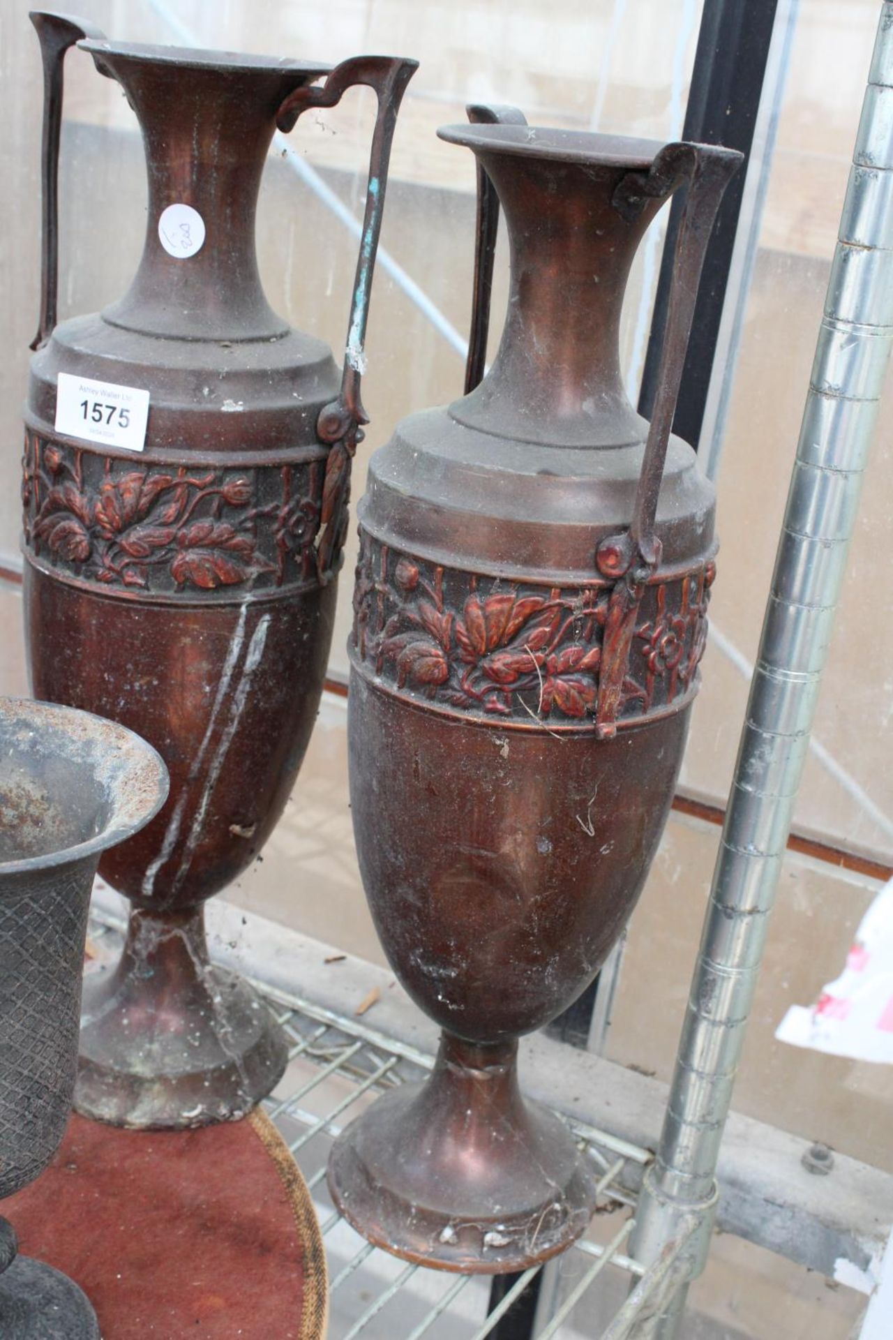 A PAIR OF ORNATE AND DECORATIVE COPPER URNS AND A A FURTHER SILVER PLATED URN - Image 2 of 3
