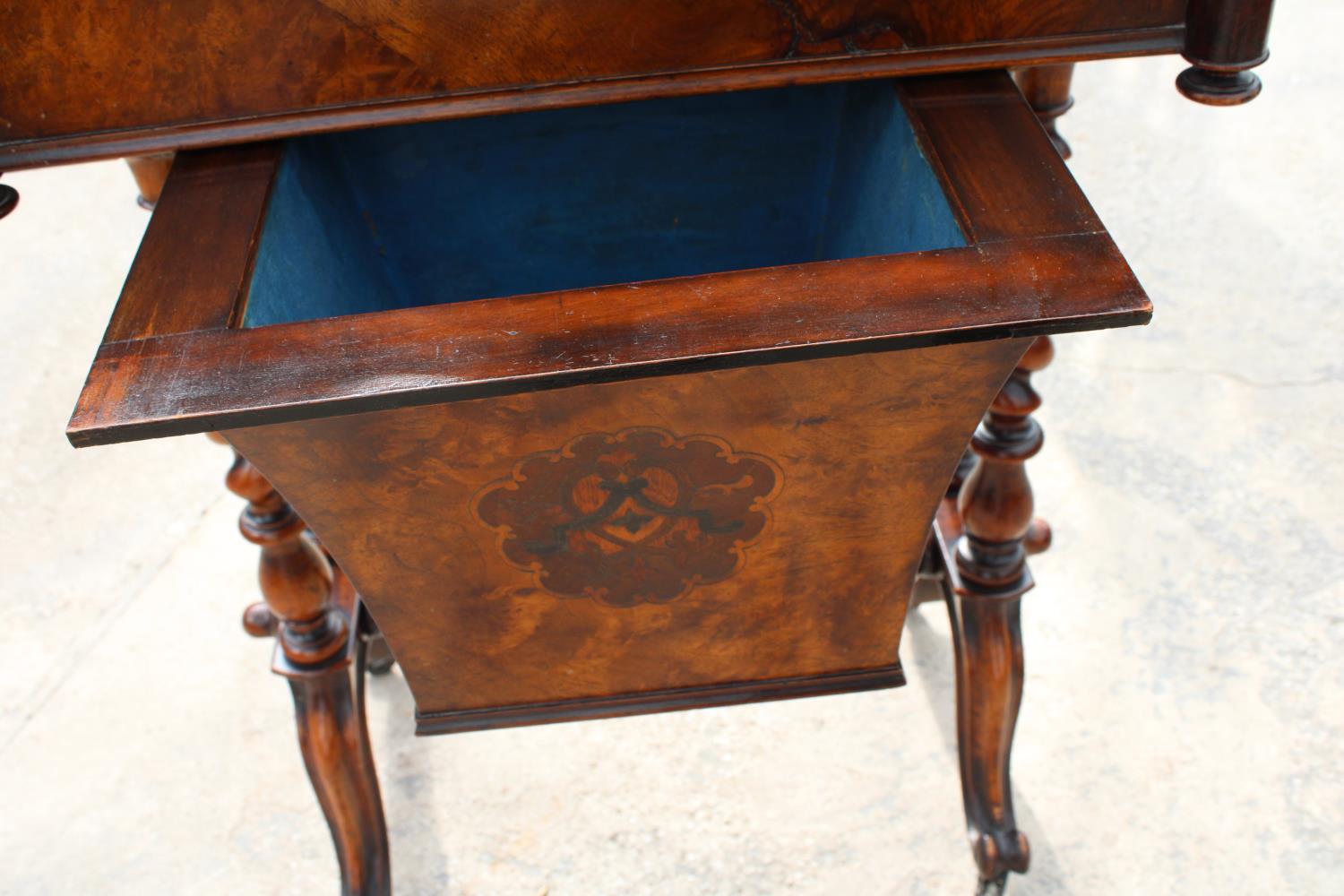 A VICTORIAN WALNUT SEWING TABLE WITH SLIDING TOP ENCLOSING 8 LIDDED COMPARTMENTS, ON BARLEY-TWIST - Image 9 of 10